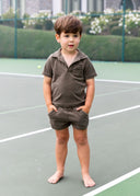 The Olive Driftwood Terry Set in an earthy, driftwood-toned olive with relaxed, coastal warmth.