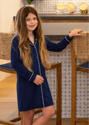 The Moonlit Navy Sophia Pajama Dress in a deep, soft navy inspired by clear night skies.